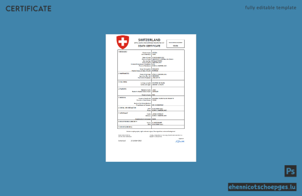 Schweizer Personenstandsurkunde (Sterbeurkunde) – Beispiel als Word- und PDF-Datei